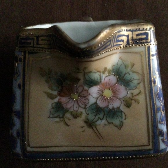 ANTIQUE HAND PAINTED SQUARE NIPPON CREAMER ROSES GOLD BLUE PINK SMALL - Picture 11 of 11
